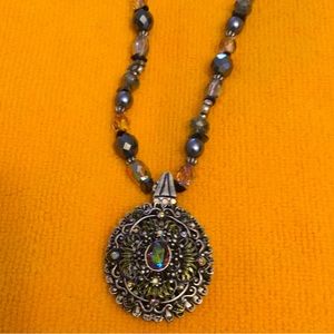 Chico’s Multi Color Glass & Pewter Beaded Necklace up to 19” With Pendant NWT